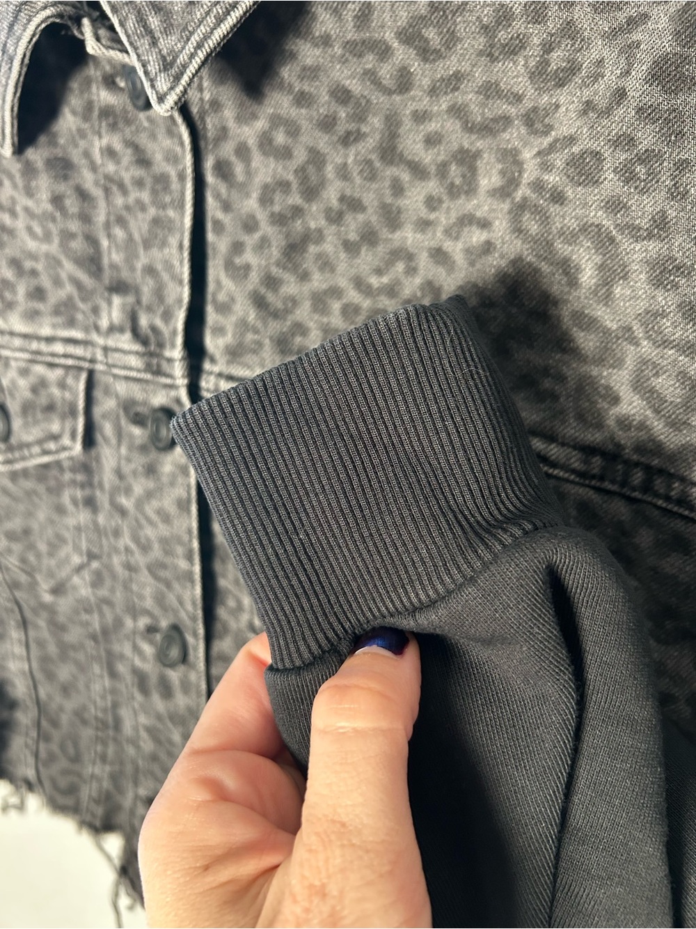 All Saints Gray Black Leopard Print Ander Cropped Denim Jacket with Knit Sleeves - Picture 5 of 10